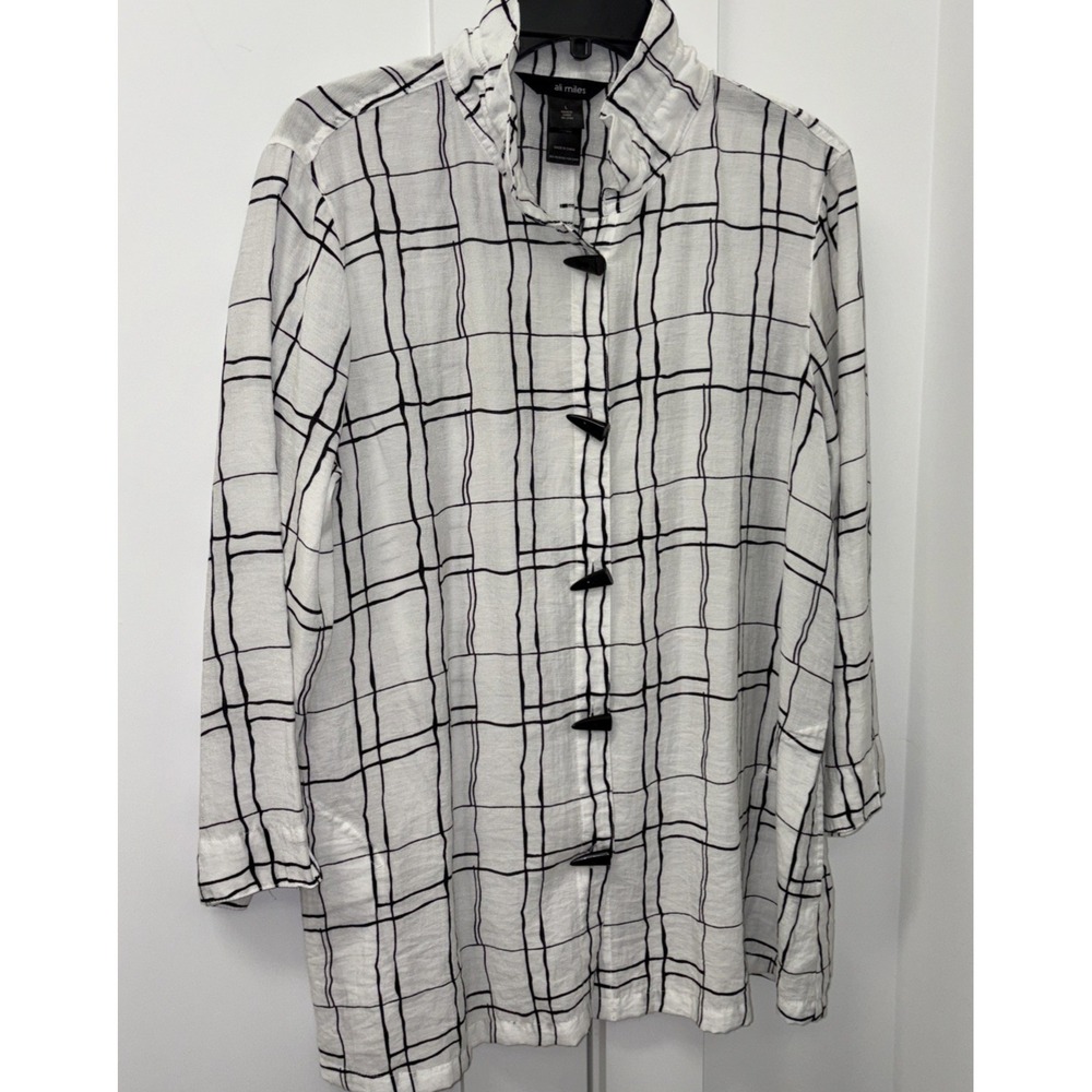 Ali Miles Women's Large Abstract White Black Plaid Button Up Artsy Lagenlook